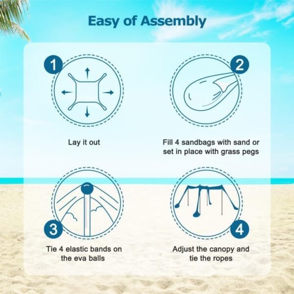 COMMOUDS Beach Tent, Camping Sun Shelter with UPF50+ Protection, Sand Shovels, Ground Pegs and 4 Stability Poles, Outdoor Pop Up Beach Shade Canopy for Fishing, Backyard or Picnics - Image 5